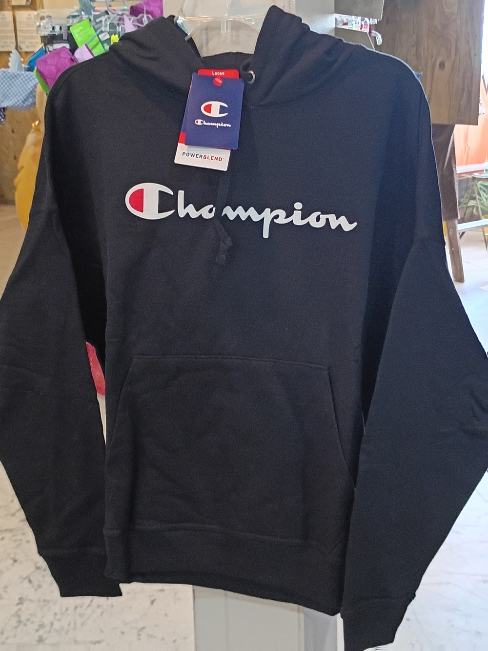 NWT Champion Black Hoodie with White Script Logo and Red Accent